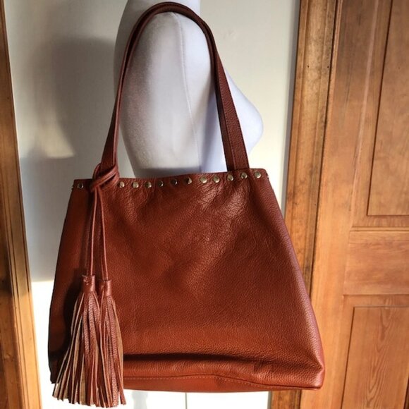 Laggo Handbags - LAGGO Remy British Tan Leather Gold Studded Tassel Tote Bag NWOT